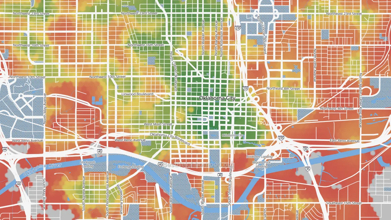 Walk Grade map of 73102, OK, walkable areas in green and car-dependent areas in red