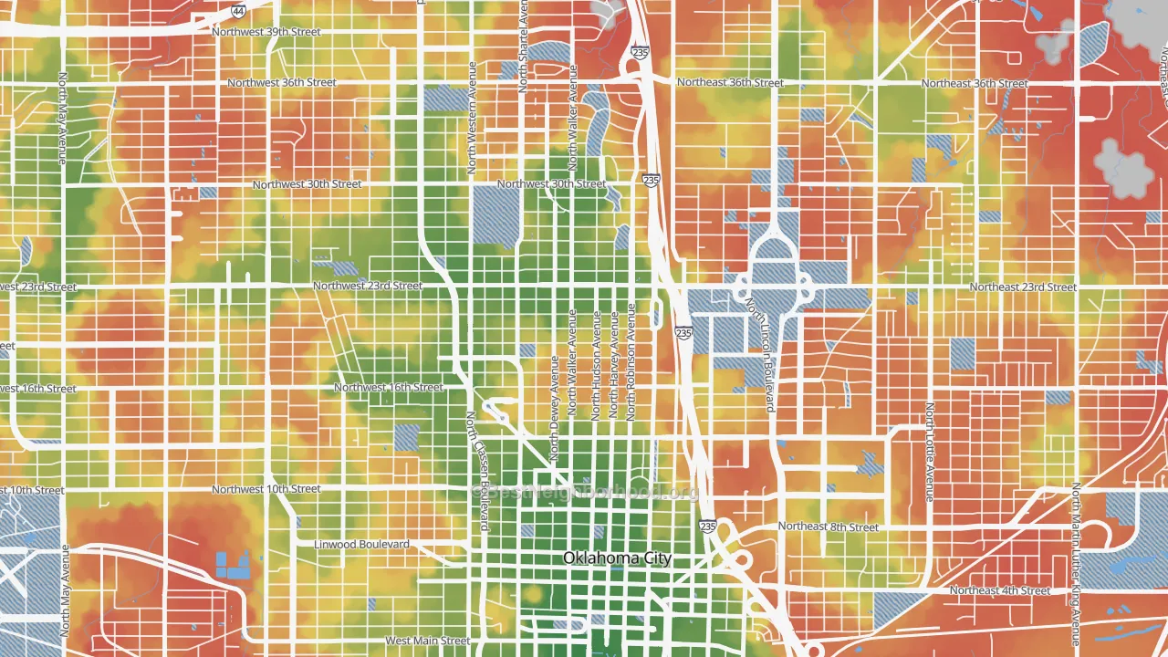 Walk Grade map of 73103, OK, walkable areas in green and car-dependent areas in red