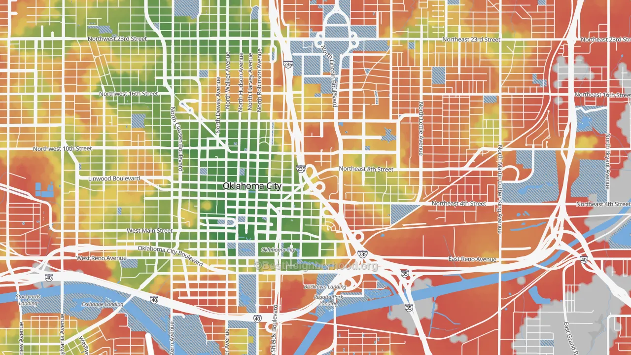 Walk Grade map of 73104, OK, walkable areas in green and car-dependent areas in red