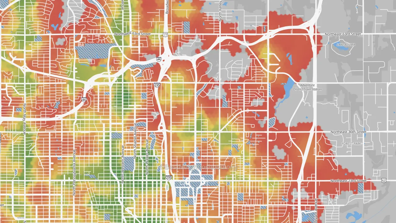 Walk Grade map of 73105, OK, walkable areas in green and car-dependent areas in red