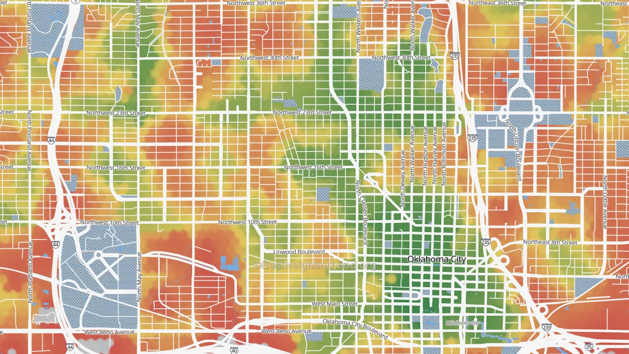 Walk Grade map of 73106, OK, walkable areas in green and car-dependent areas in red