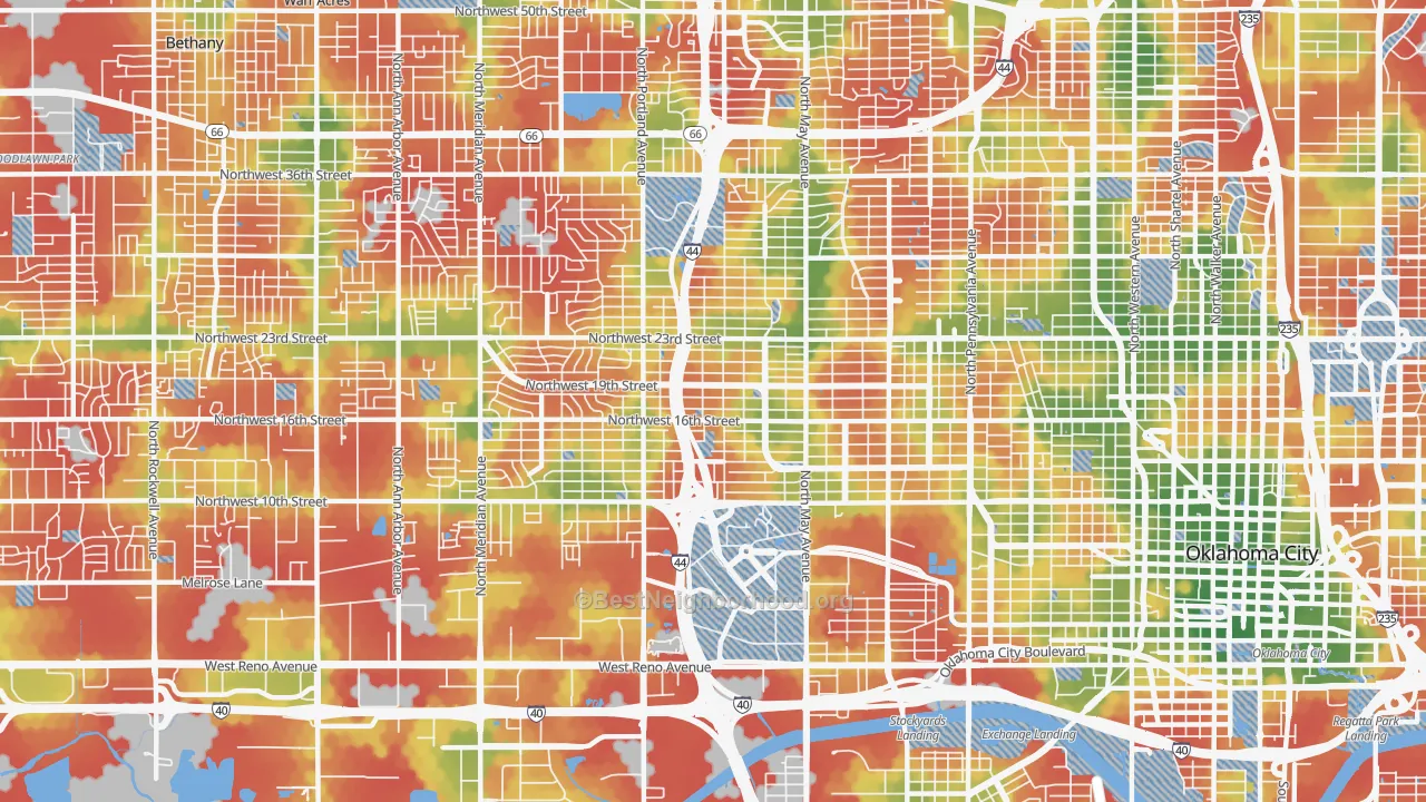 Walk Grade map of 73107, OK, walkable areas in green and car-dependent areas in red