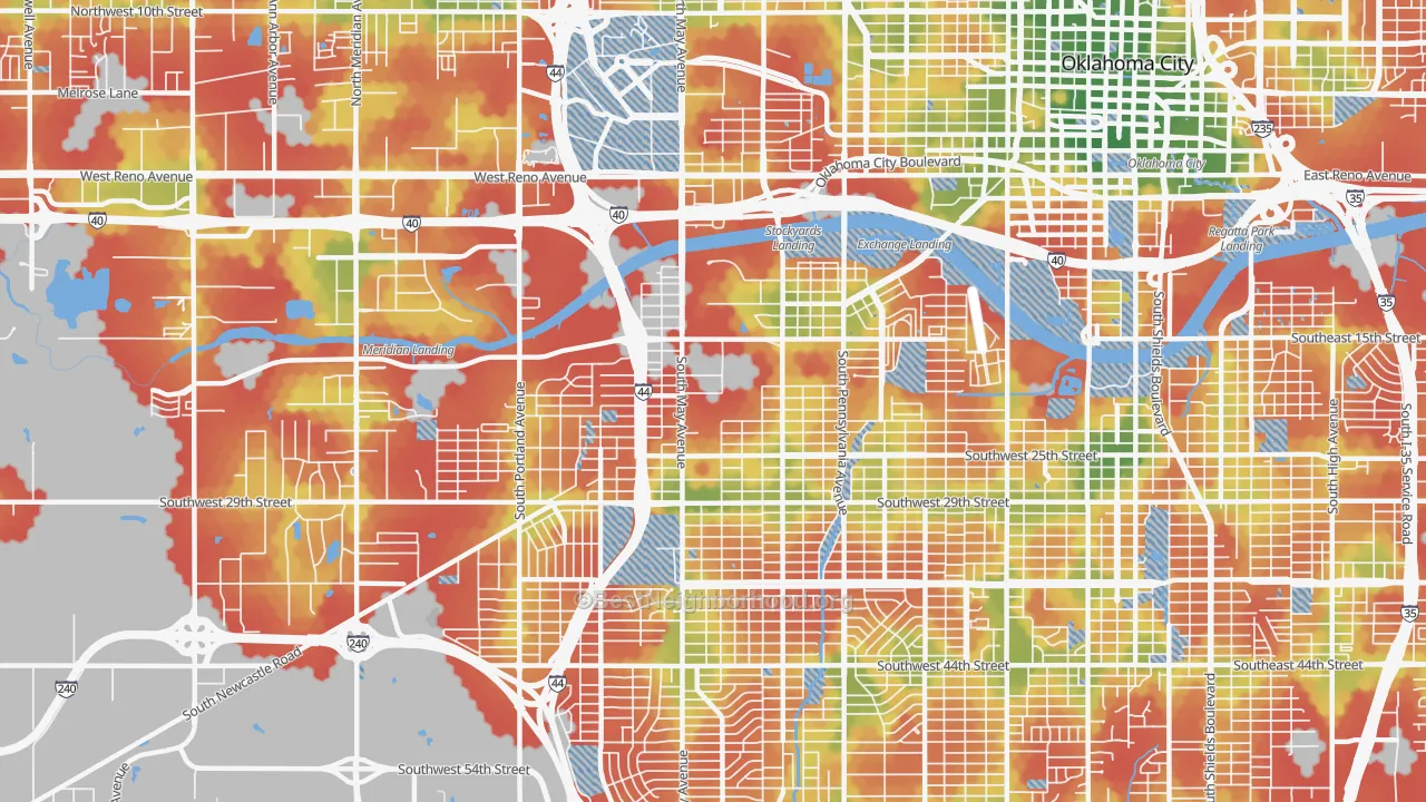 Walk Grade map of 73108, OK, walkable areas in green and car-dependent areas in red