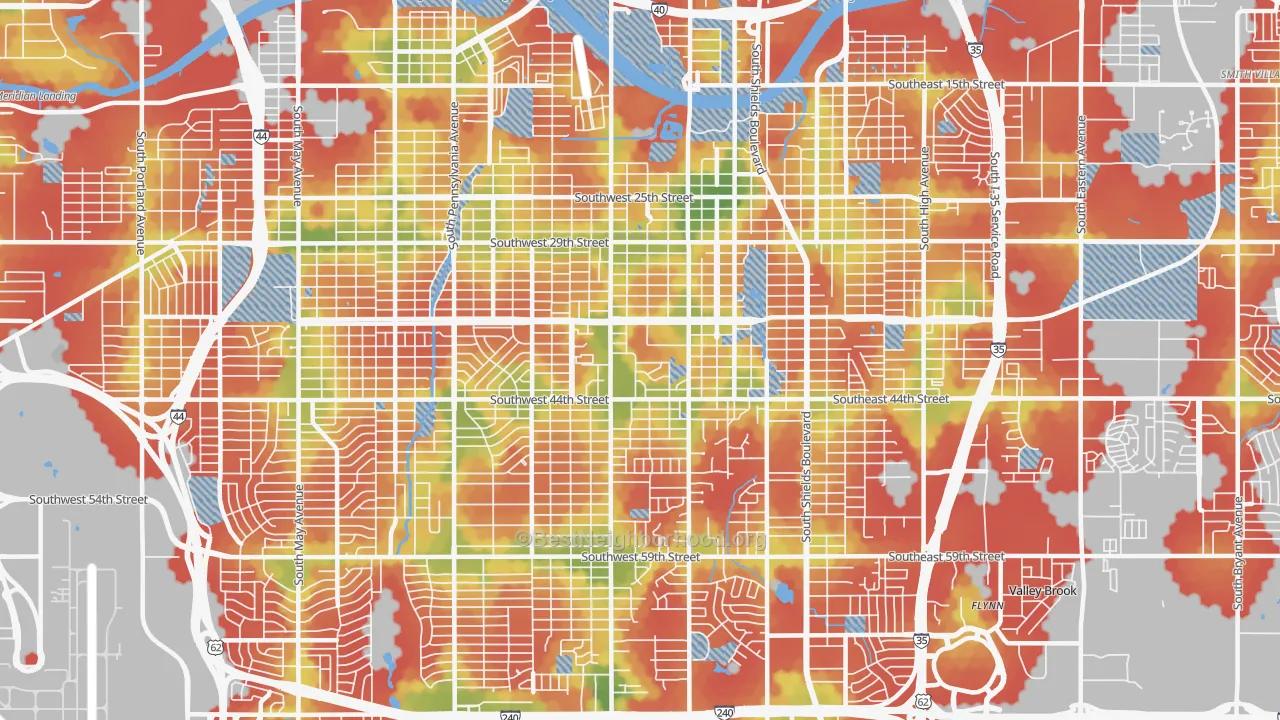Walk Grade map of 73109, OK, walkable areas in green and car-dependent areas in red