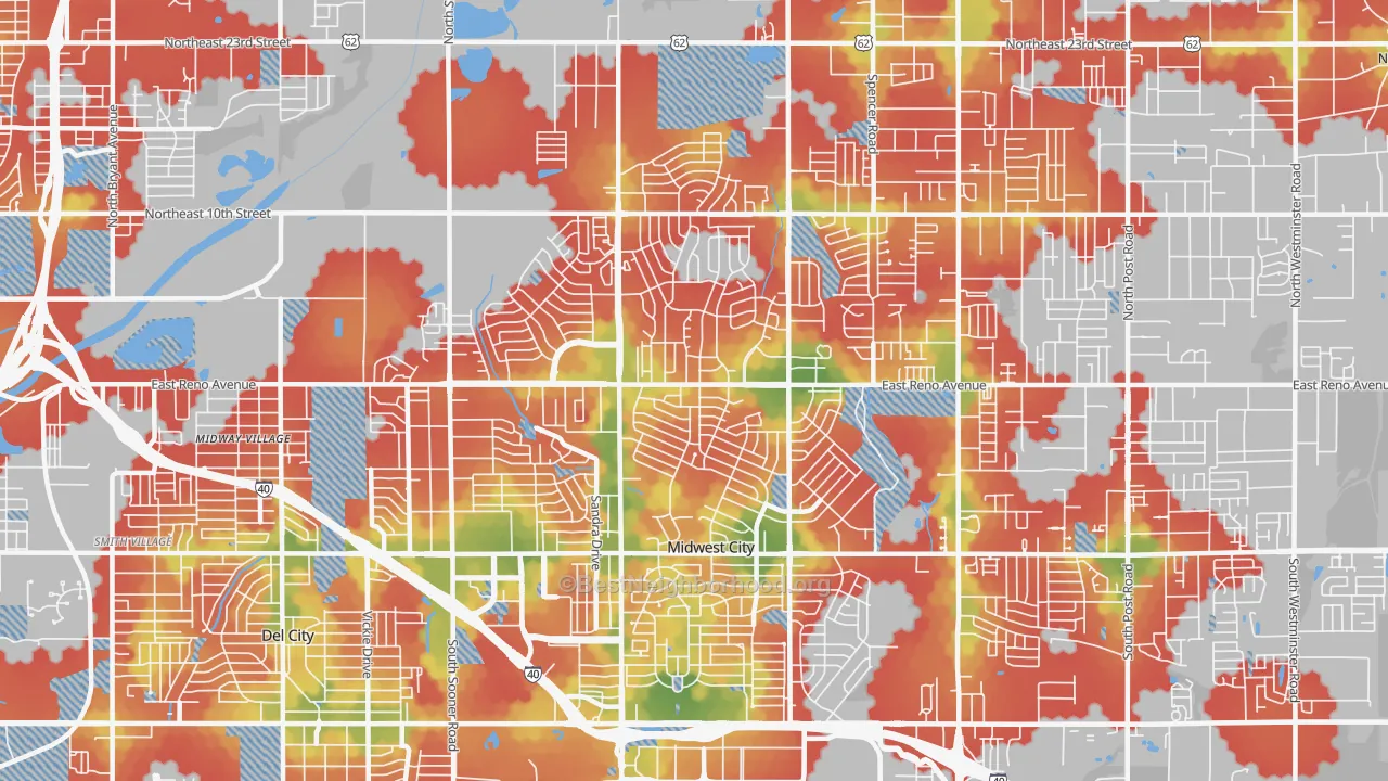 Walk Grade map of 73110, OK, walkable areas in green and car-dependent areas in red