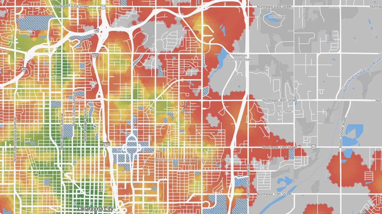 Walk Grade map of 73111, OK, walkable areas in green and car-dependent areas in red