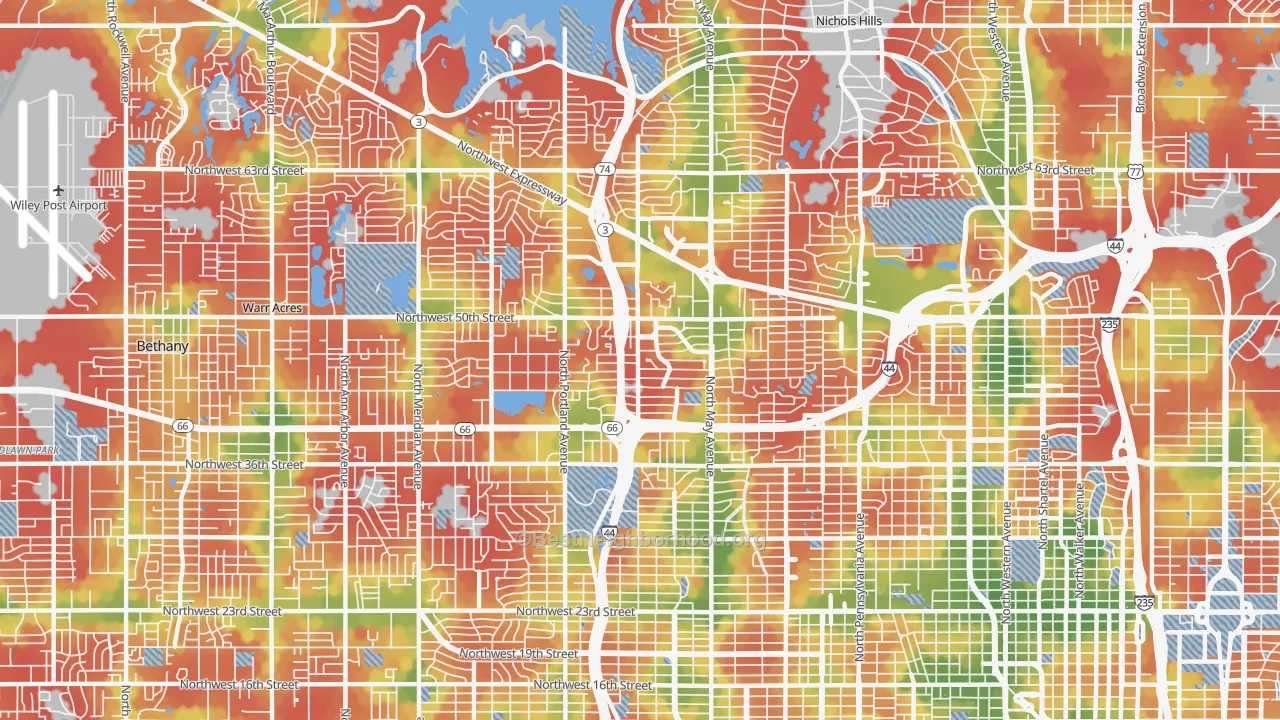 Walk Grade map of 73112, OK, walkable areas in green and car-dependent areas in red