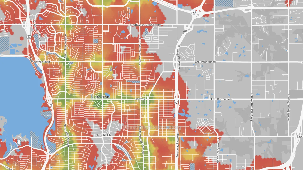 Walk Grade map of 73114, OK, walkable areas in green and car-dependent areas in red