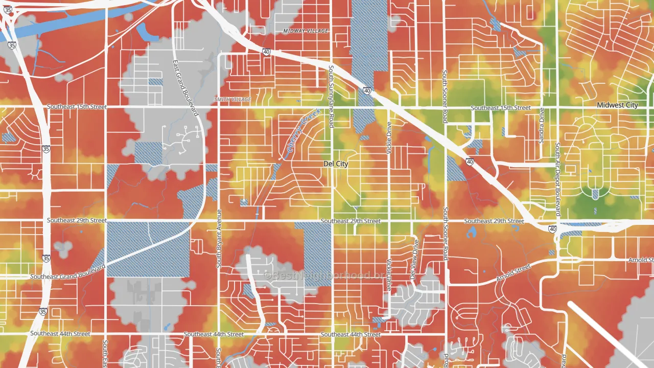 Walk Grade map of 73115, OK, walkable areas in green and car-dependent areas in red