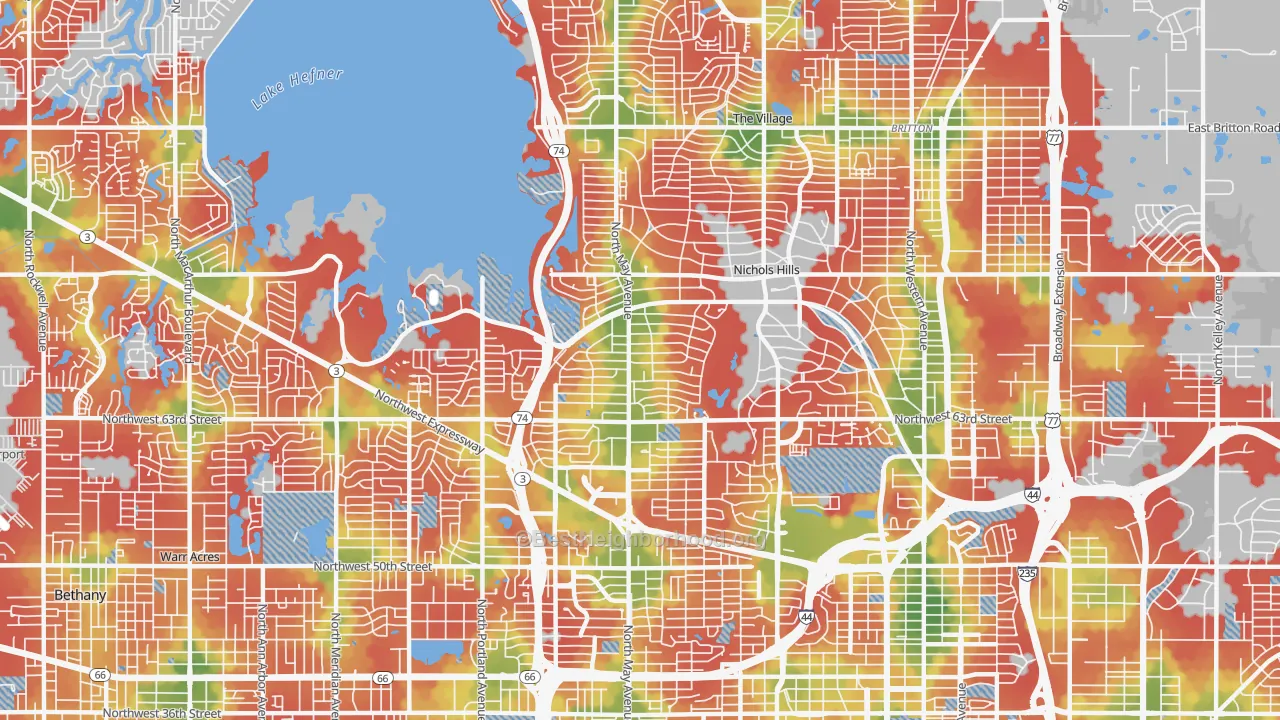 Walk Grade map of 73116, OK, walkable areas in green and car-dependent areas in red