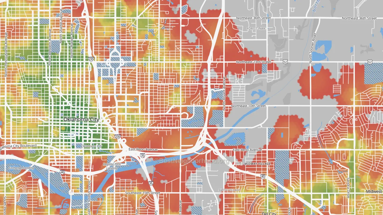 Walk Grade map of 73117, OK, walkable areas in green and car-dependent areas in red