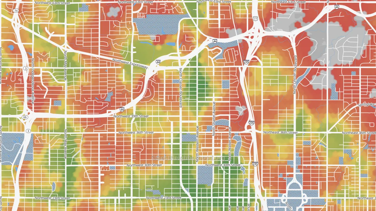 Walk Grade map of 73118, OK, walkable areas in green and car-dependent areas in red