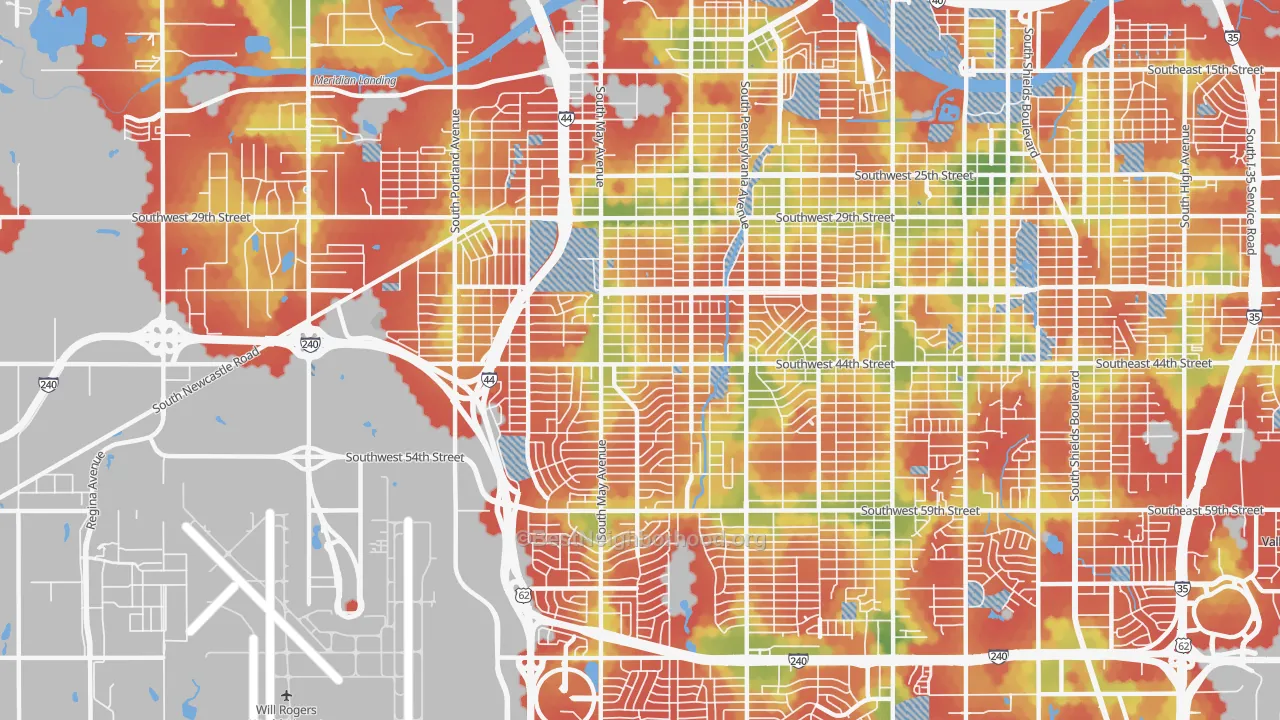 Walk Grade map of 73119, OK, walkable areas in green and car-dependent areas in red
