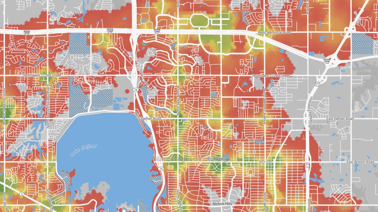 Walk Grade map of 73120, OK, walkable areas in green and car-dependent areas in red