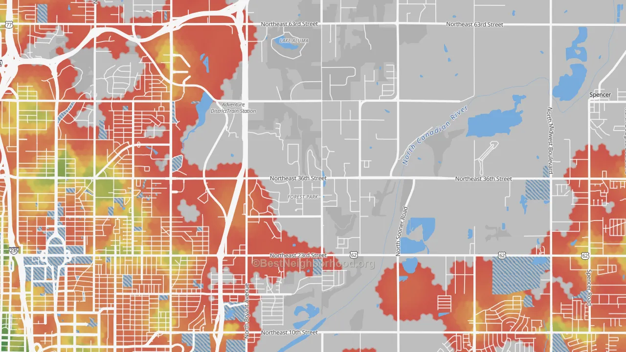Walk Grade map of 73121, OK, walkable areas in green and car-dependent areas in red