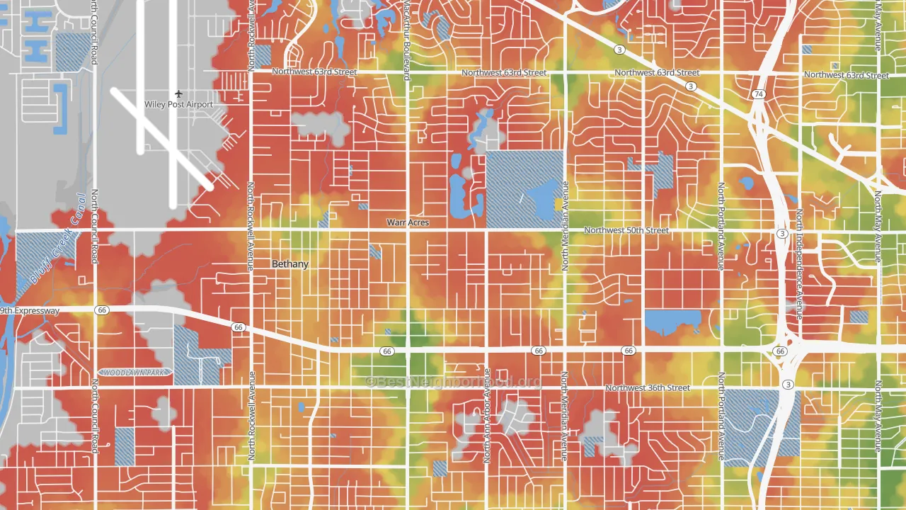Walk Grade map of 73122, OK, walkable areas in green and car-dependent areas in red