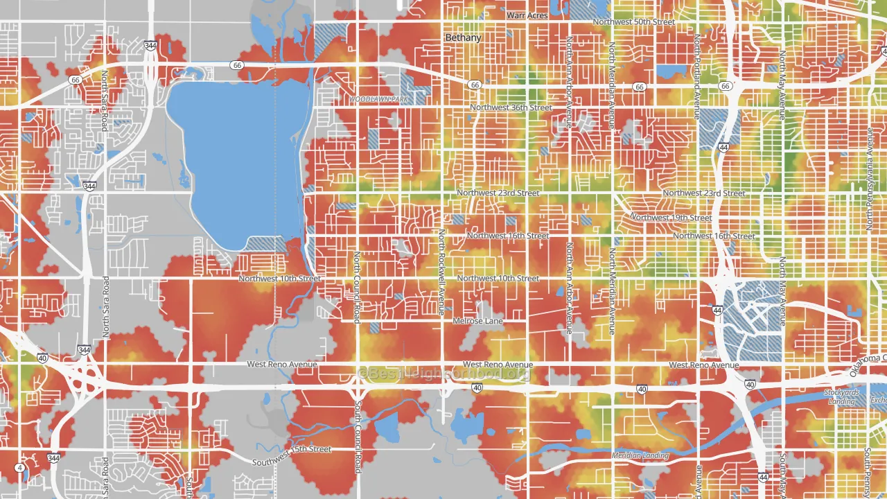 Walk Grade map of 73127, OK, walkable areas in green and car-dependent areas in red