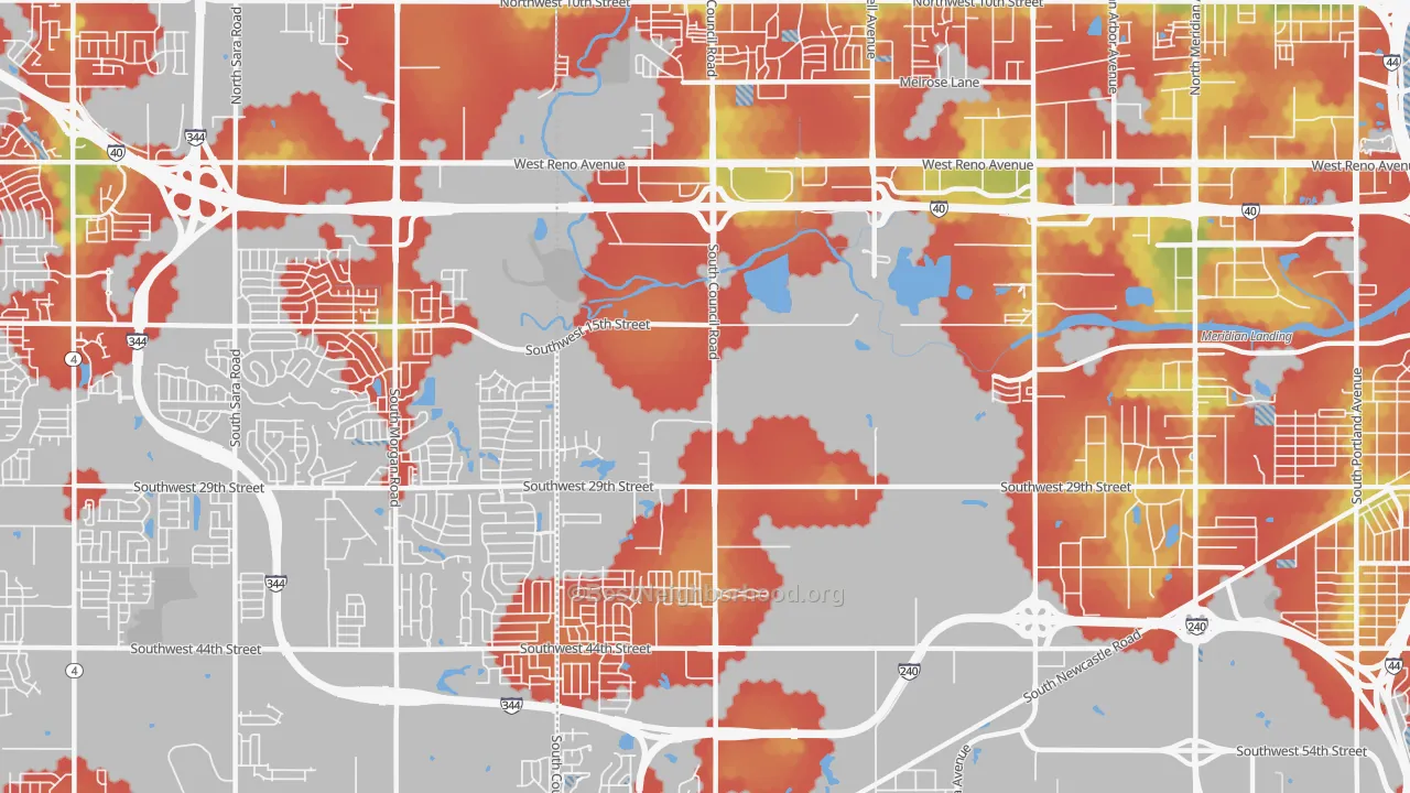 Walk Grade map of 73128, OK, walkable areas in green and car-dependent areas in red