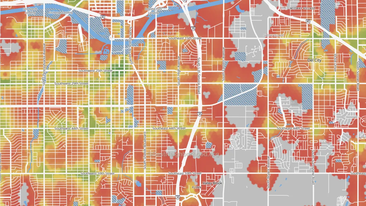 Walk Grade map of 73129, OK, walkable areas in green and car-dependent areas in red