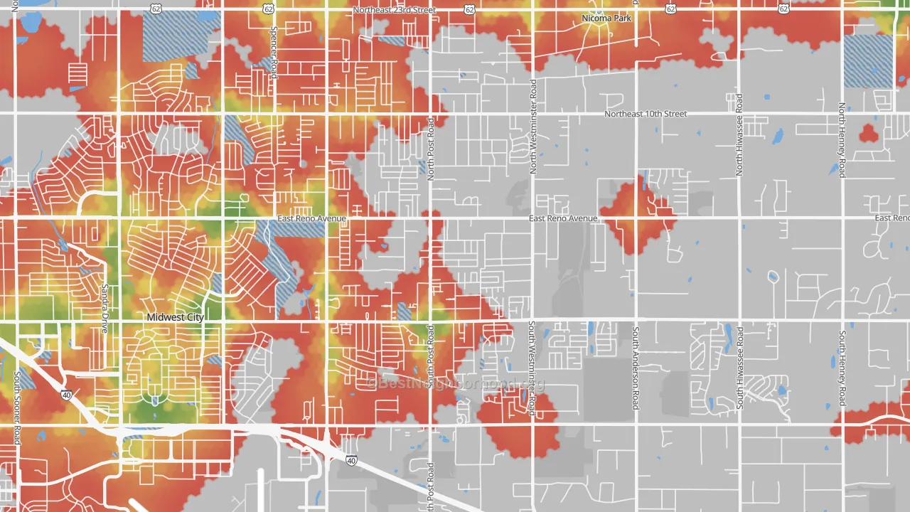 Walk Grade map of 73130, OK, walkable areas in green and car-dependent areas in red