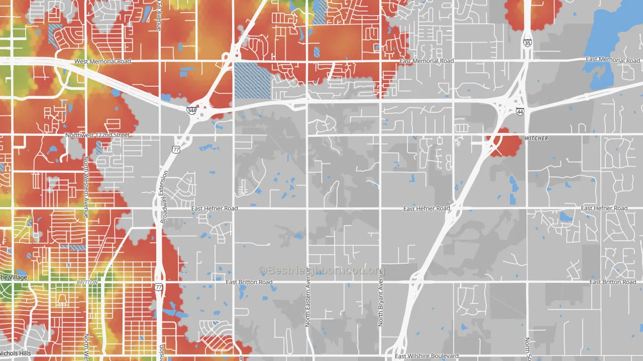 Walk Grade map of 73131, OK, walkable areas in green and car-dependent areas in red