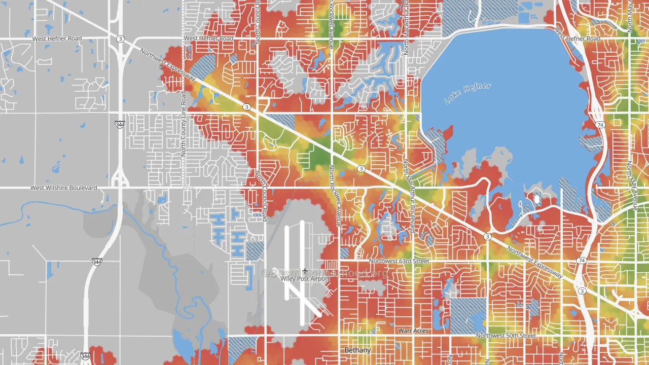 Walk Grade map of 73132, OK, walkable areas in green and car-dependent areas in red