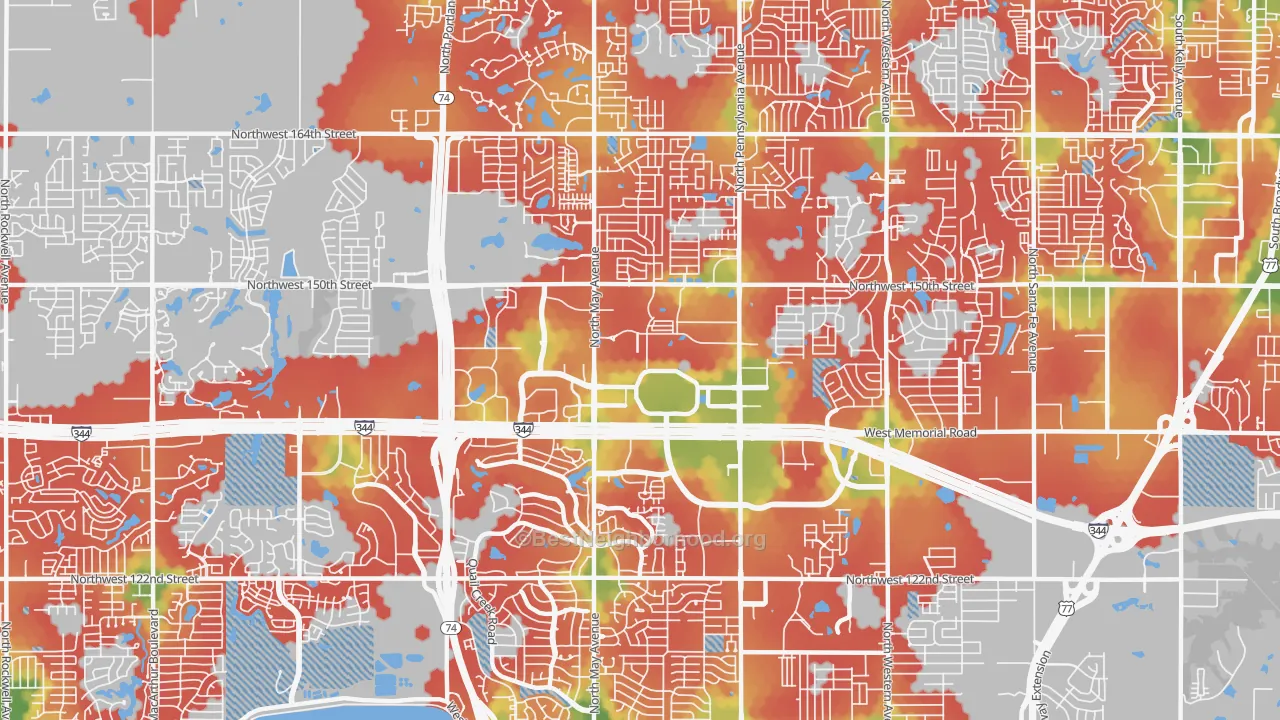 Walk Grade map of 73134, OK, walkable areas in green and car-dependent areas in red