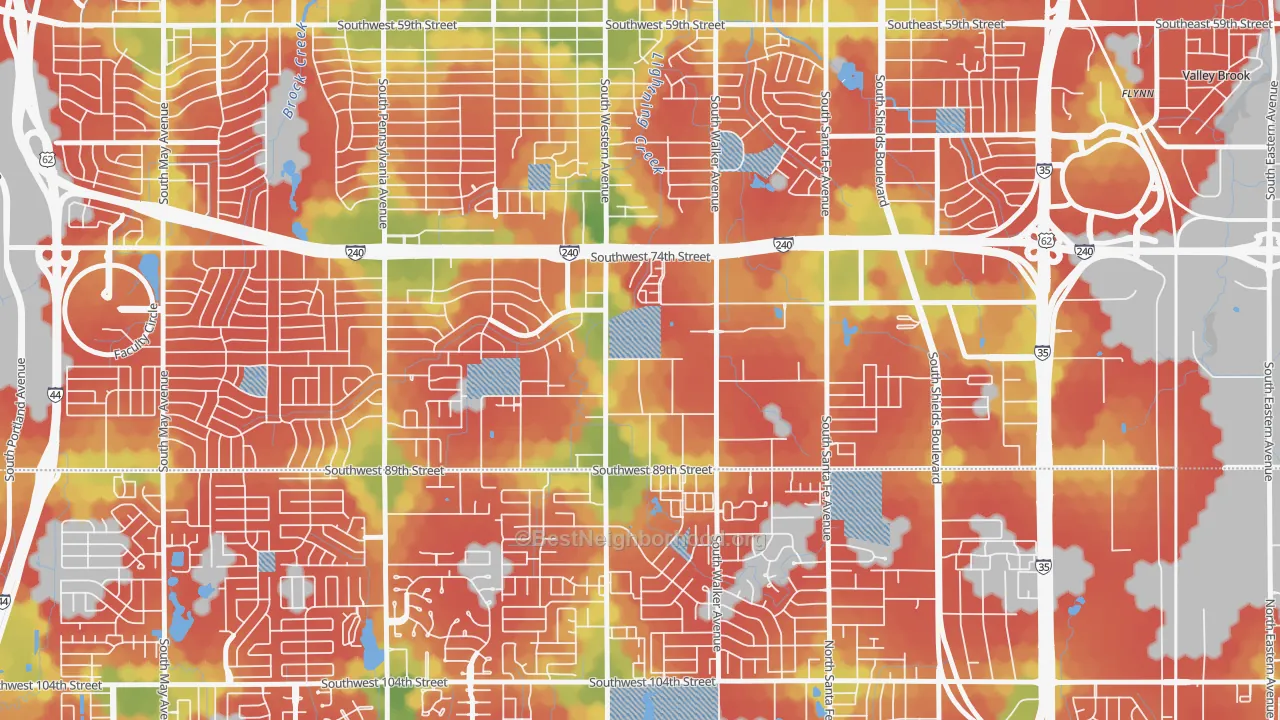 Walk Grade map of 73139, OK, walkable areas in green and car-dependent areas in red