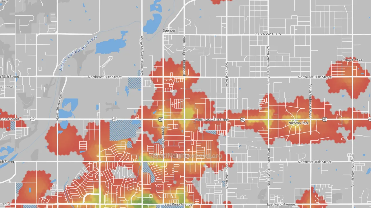 Walk Grade map of 73141, OK, walkable areas in green and car-dependent areas in red