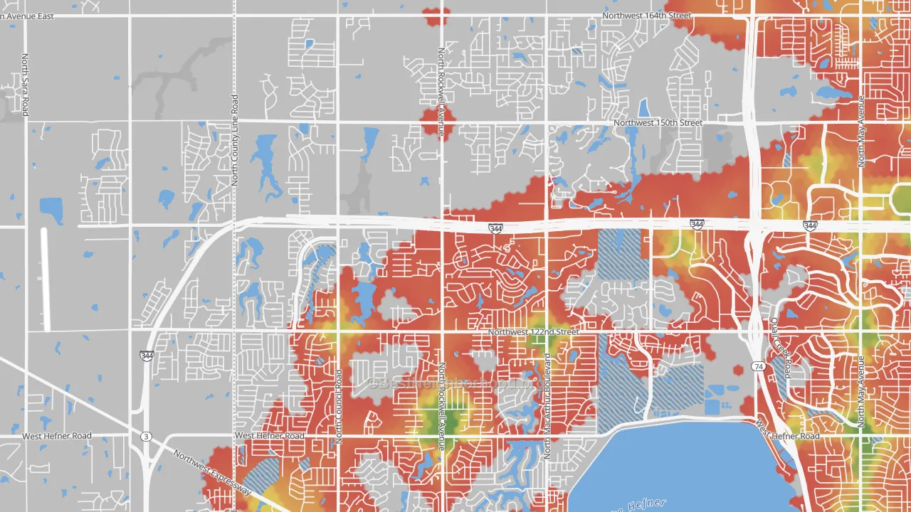 Walk Grade map of 73142, OK, walkable areas in green and car-dependent areas in red