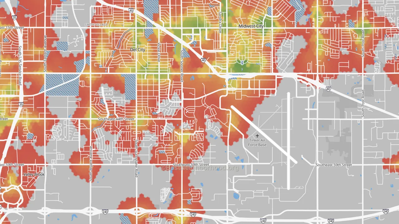 Walk Grade map of 73145, OK, walkable areas in green and car-dependent areas in red