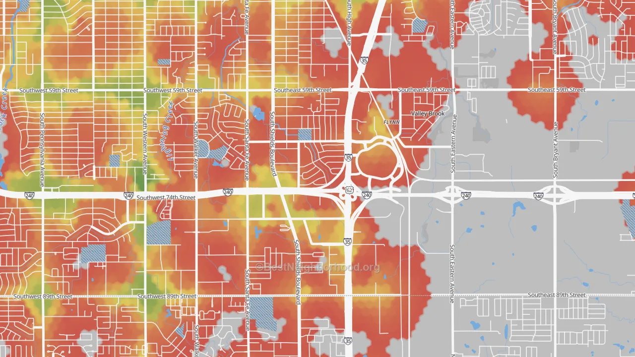 Walk Grade map of 73149, OK, walkable areas in green and car-dependent areas in red