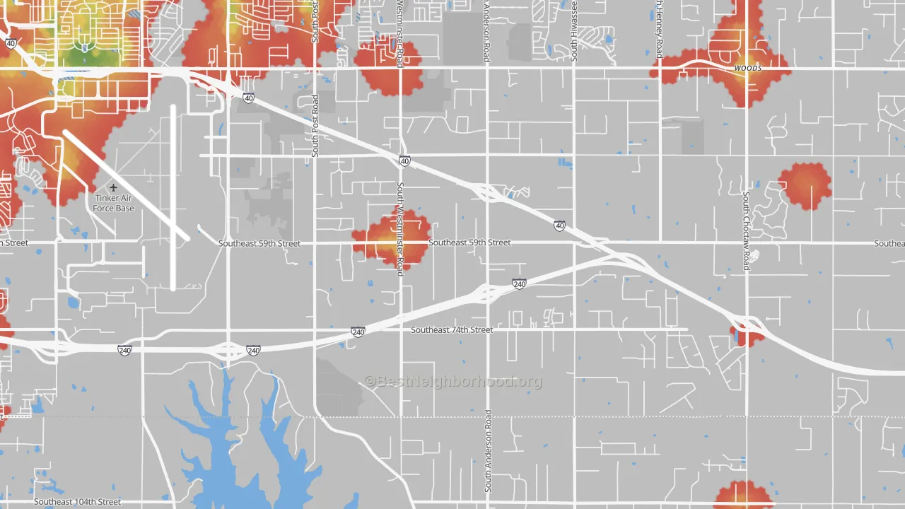 Walk Grade map of 73150, OK, walkable areas in green and car-dependent areas in red