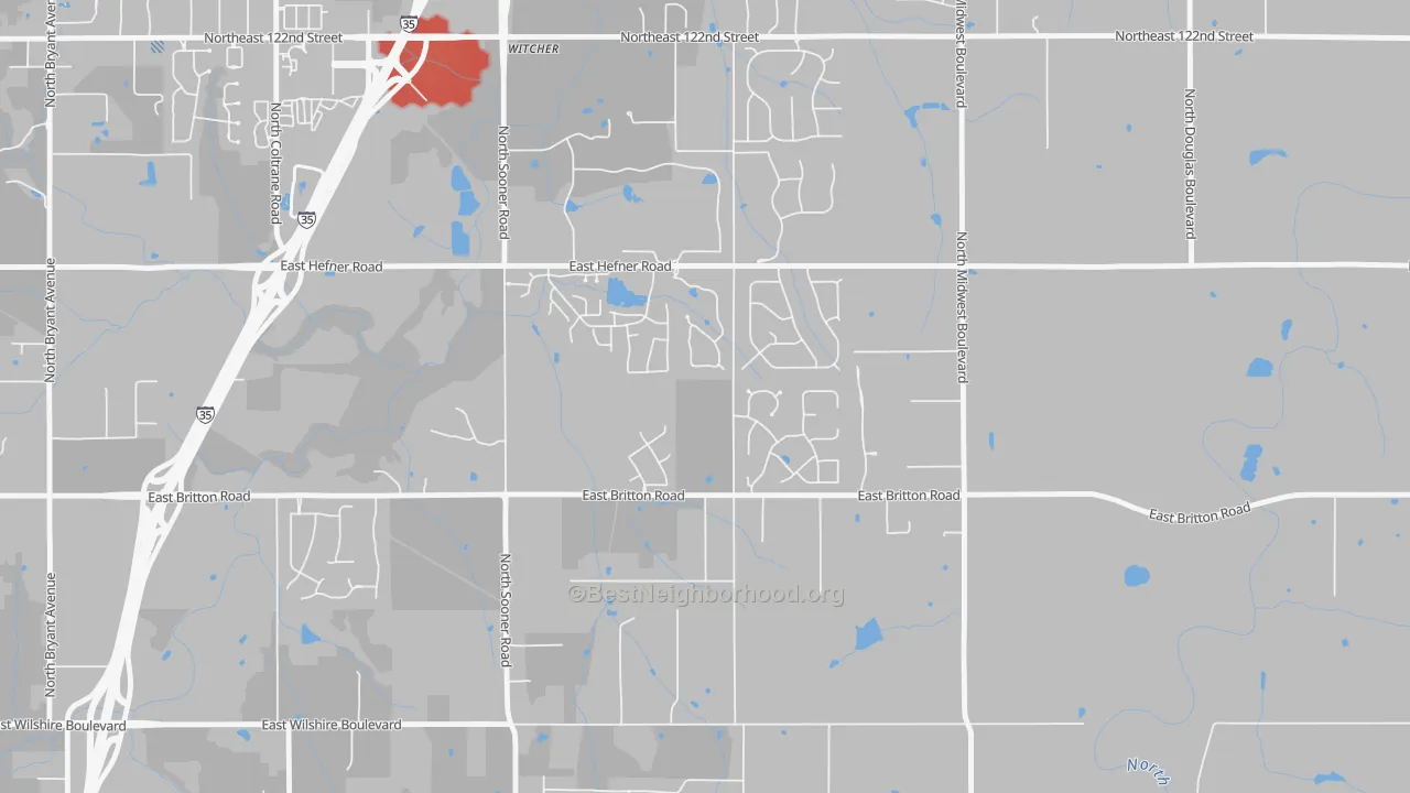 Walk Grade map of 73151, OK, walkable areas in green and car-dependent areas in red