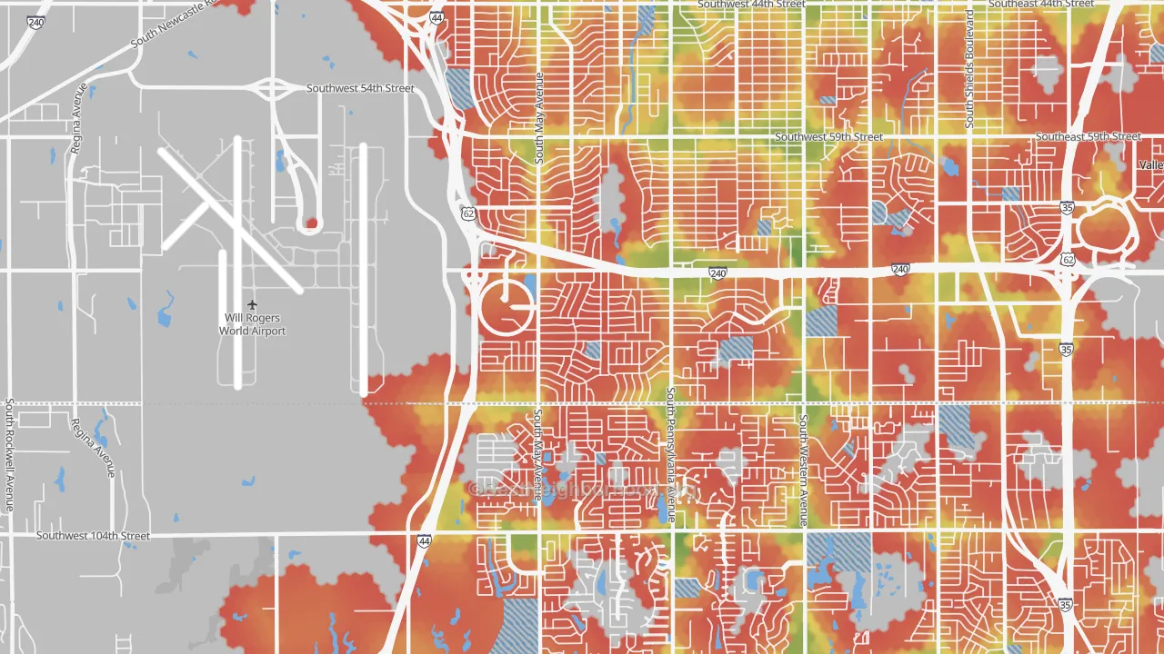 Walk Grade map of 73159, OK, walkable areas in green and car-dependent areas in red