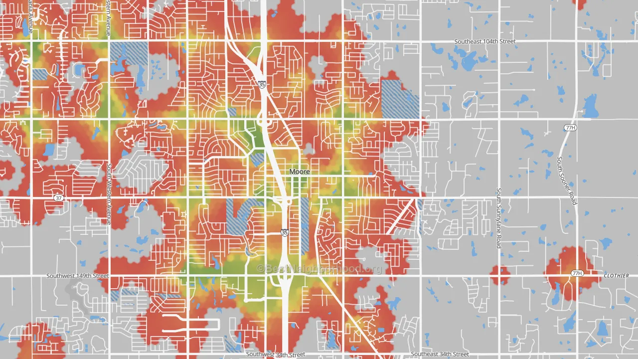 Walk Grade map of 73160, OK, walkable areas in green and car-dependent areas in red
