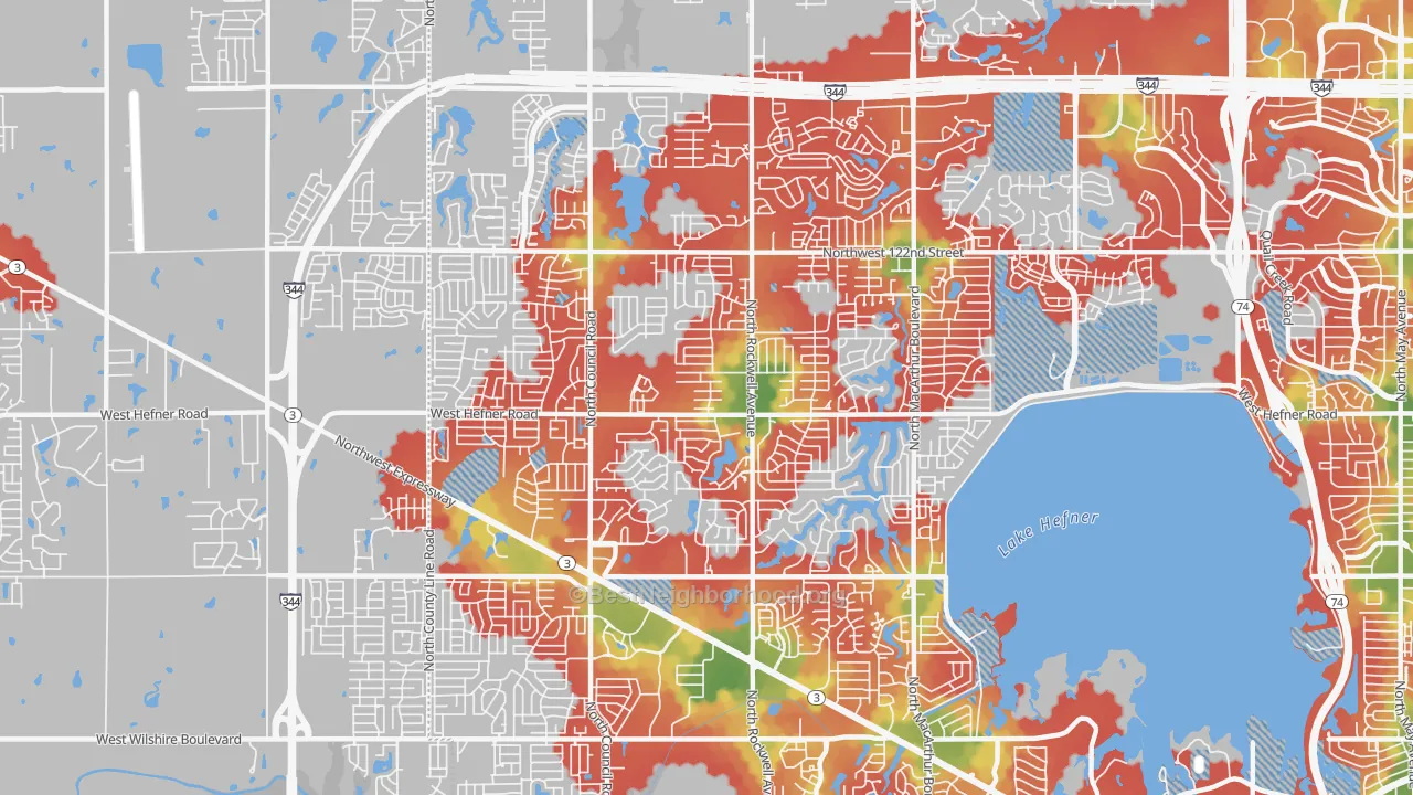 Walk Grade map of 73162, OK, walkable areas in green and car-dependent areas in red