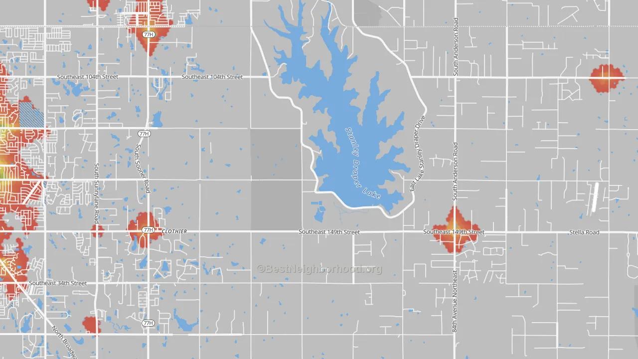 Walk Grade map of 73165, OK, walkable areas in green and car-dependent areas in red