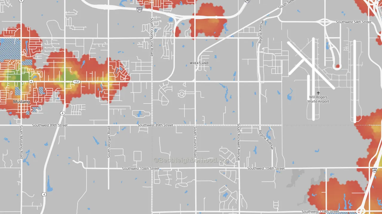 Walk Grade map of 73169, OK, walkable areas in green and car-dependent areas in red