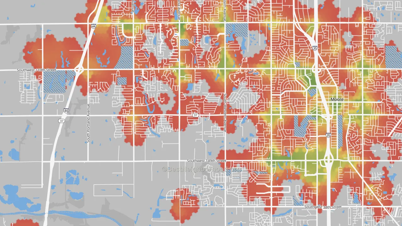 Walk Grade map of 73170, OK, walkable areas in green and car-dependent areas in red