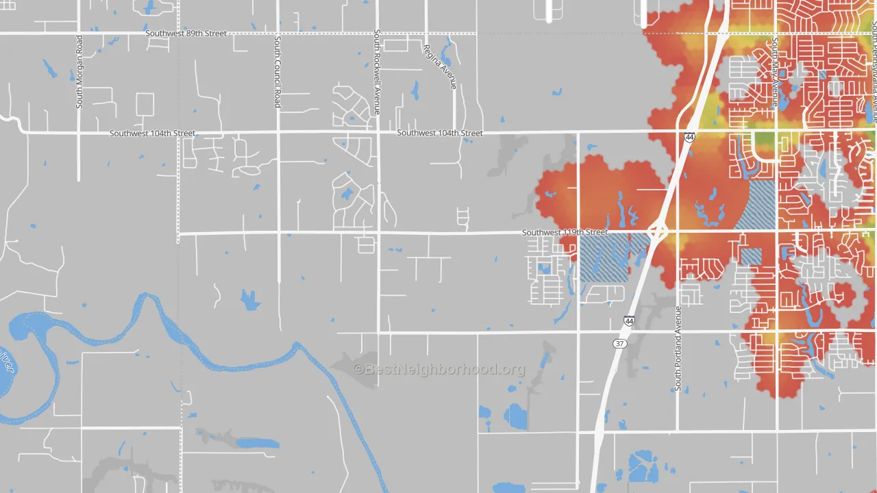 Walk Grade map of 73173, OK, walkable areas in green and car-dependent areas in red