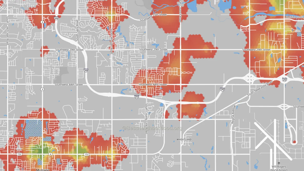 Walk Grade map of 73179, OK, walkable areas in green and car-dependent areas in red