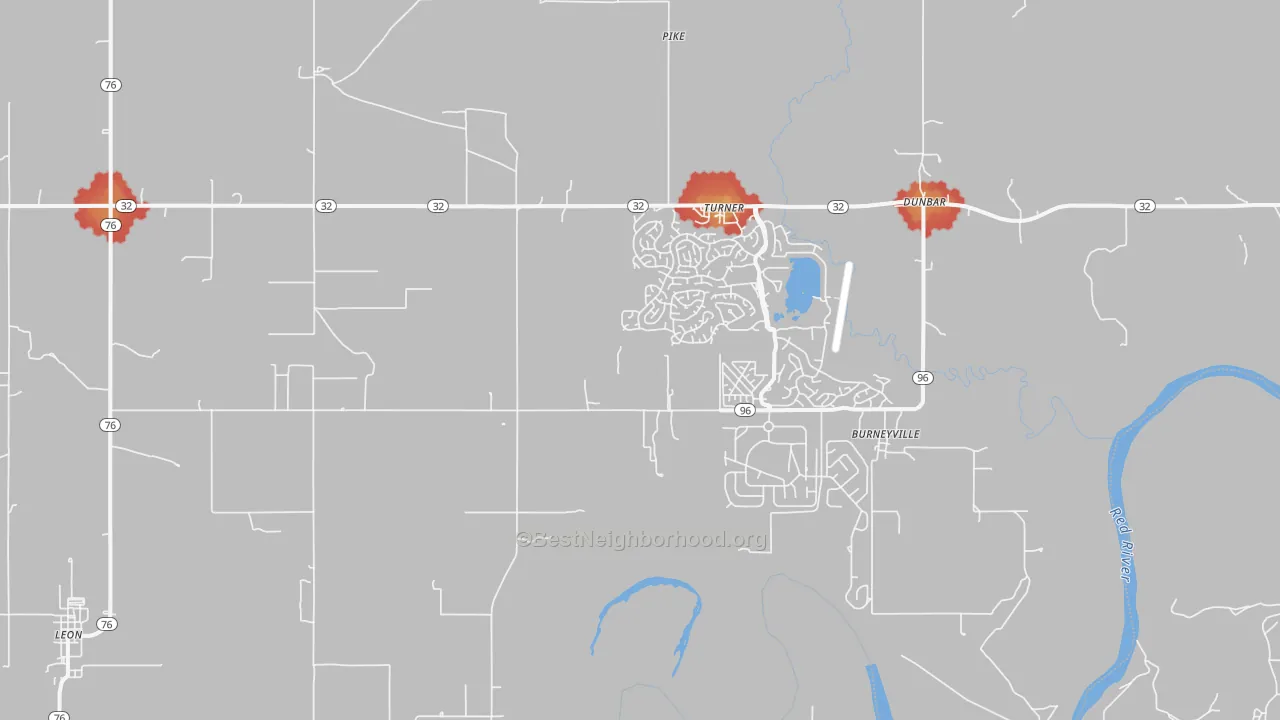 Walk Grade map of 73430, OK, walkable areas in green and car-dependent areas in red