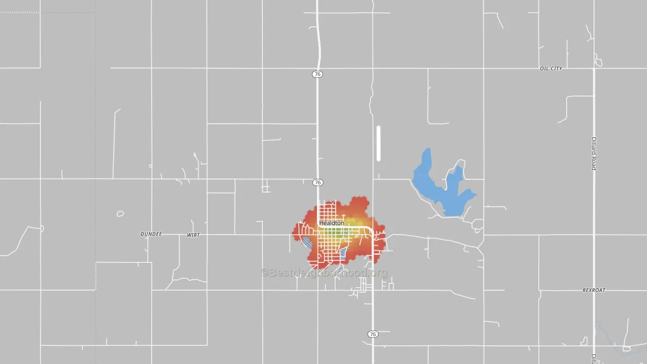 Walk Grade map of 73438, OK, walkable areas in green and car-dependent areas in red