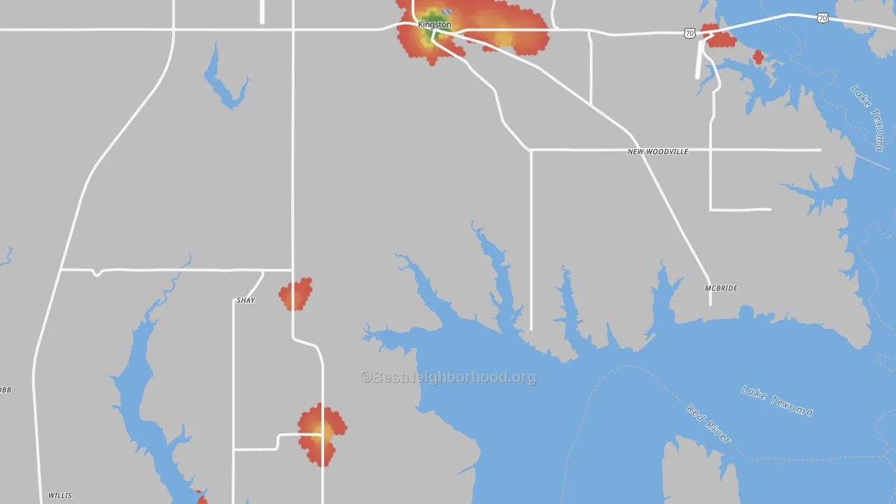 Walk Grade map of 73439, OK, walkable areas in green and car-dependent areas in red