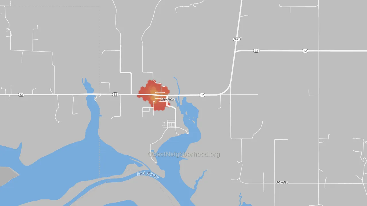 Walk Grade map of 73440, OK, walkable areas in green and car-dependent areas in red
