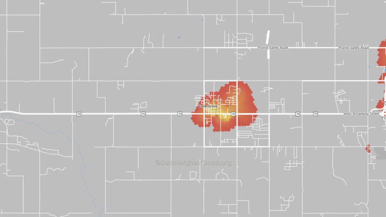 Walk Grade map of 73443, OK, walkable areas in green and car-dependent areas in red