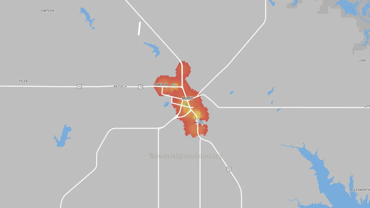 Walk Grade map of 73446, OK, walkable areas in green and car-dependent areas in red