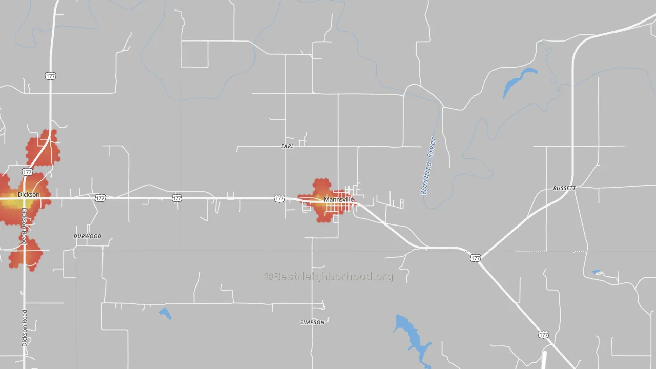 Walk Grade map of 73447, OK, walkable areas in green and car-dependent areas in red