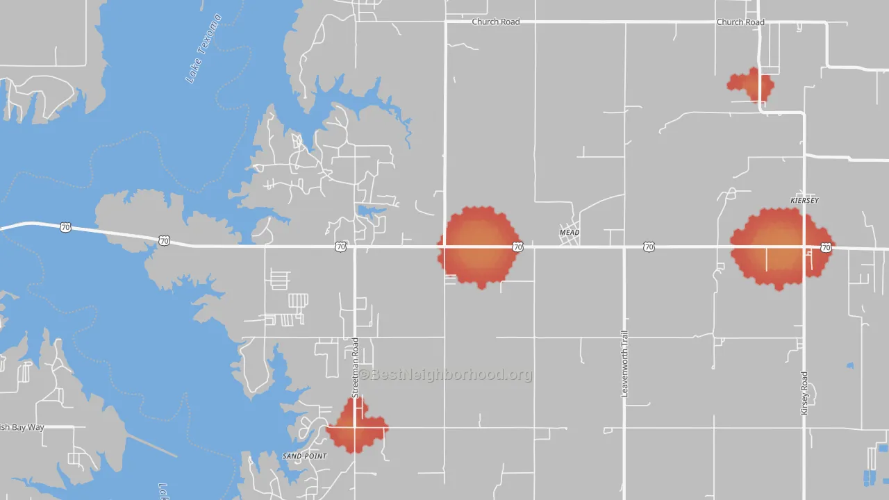Walk Grade map of 73449, OK, walkable areas in green and car-dependent areas in red